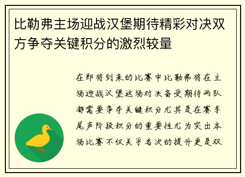 比勒弗主场迎战汉堡期待精彩对决双方争夺关键积分的激烈较量