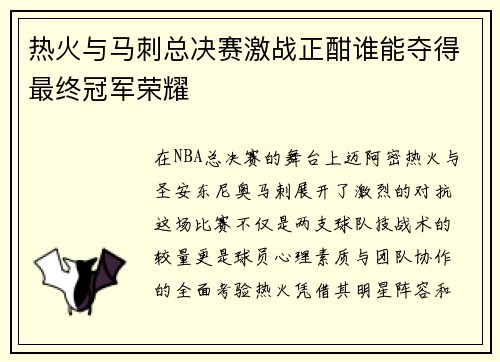 热火与马刺总决赛激战正酣谁能夺得最终冠军荣耀